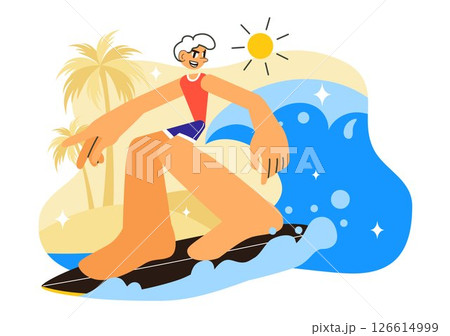 Summer Surfing Vector Illustration of Water Sports Activities, Featuring Surfboards Riding Ocean Waves or Floating in a Flat Style Cartoon Background 126614999