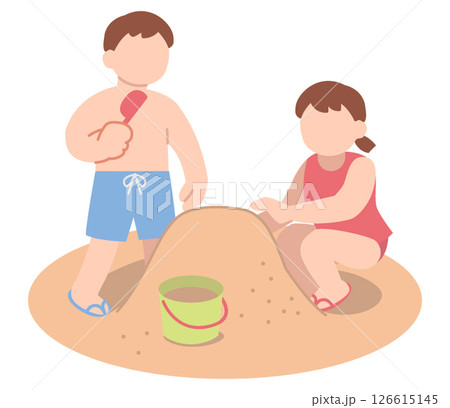 砂浜で砂遊びする男の子女の子 126615145