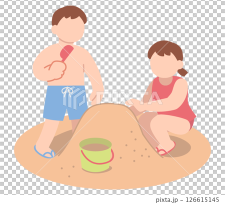 砂浜で砂遊びする男の子女の子 126615145