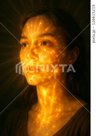 顔に光模様が投影された女性の幻想的なポートレート　照明演出素材に最適 126615219