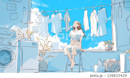 洗濯物を干し青空を眺める女性 洗濯物を干し青空を眺める女性 126615429
