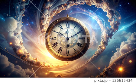 ゆっくりねじれる空間と浮遊する時計の幻想アート ゆっくりねじれる空間と浮遊する時計の幻想アート 126615434