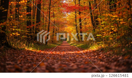 Autumn Forest Path with Red And Golden Leaves 126615481