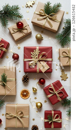 Red And Gold Wrapped Christmas Gifts Festive Decorations 126615482