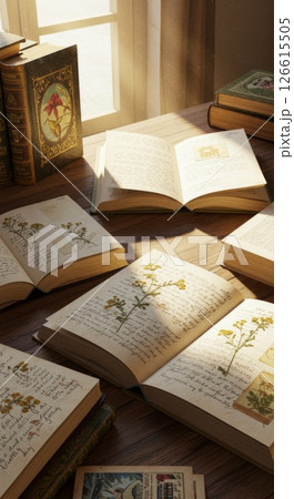 Open Vintage Books on Wooden Table in Sunlit Room Open Vintage Books on Wooden Table in Sunlit Room 126615505