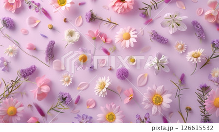 Chamomile and other purple flower botanical spring flower pattern background 126615532