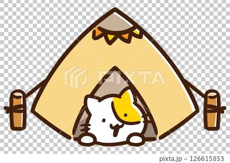 A deformed illustration of a cute cat character relaxing in a tent 126615853