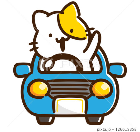 青い車を颯爽と運転するかわいいねこのキャラクターのデフォルメイラスト 126615858
