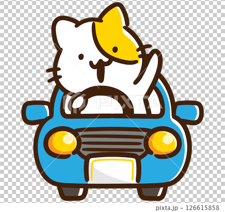 青い車を颯爽と運転するかわいいねこのキャラクターのデフォルメイラスト 126615858