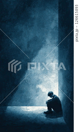 Lonely person sitting corner, blue watercolor style painting, emotional solitude, shadowed light 126615893