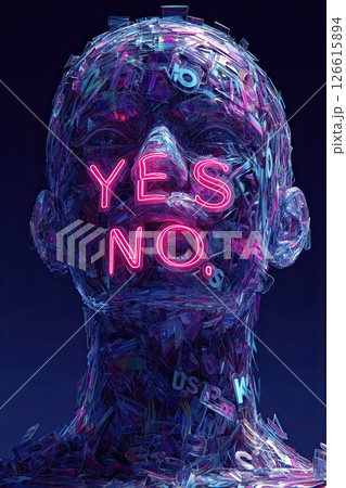 Transparent human head filled with jumbled word, neon YES NO text, surreal, emotional contrast Transparent human head filled with jumbled word, neon YES NO text, surreal, emotional contrast 126615894