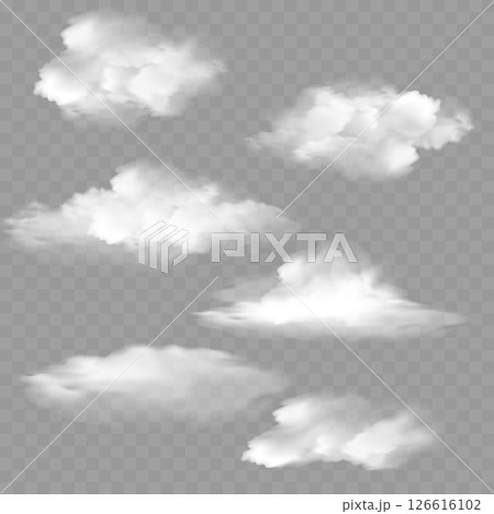 Realistic White Fluffy Cloud on Transparent Background. Vector 126616102