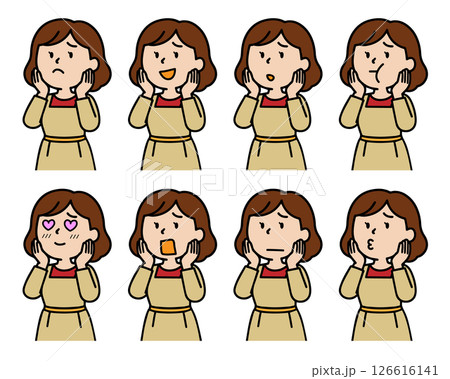 手を頬に当てた女性の百面相 126616141