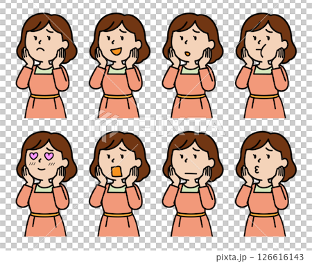 The many faces of a woman with her hand on her cheek The many faces of a woman with her hand on her cheek 126616143