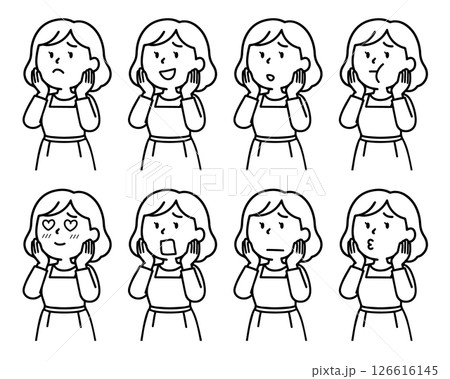 手を頬に当てた女性の百面相 126616145