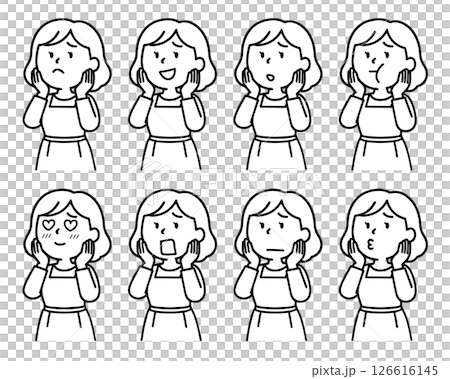 The many faces of a woman with her hand on her cheek 126616145