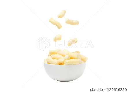 PNG, Corn sticks falling in bowl, isolated on white background 126616229