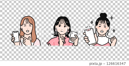 簡單的向量插圖，由三位快樂的年輕女性組成，她們正在看智慧型手機 126616347