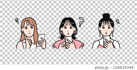 簡單的向量插圖,由三個年輕女子組成,她們看著自己的智慧型手機,憂心忡忡 簡單的向量插圖,由三個年輕女子組成,她們看著自己的智慧型手機,憂心忡忡 126616348