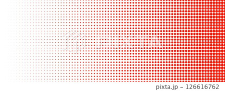 Red halftone gradient texture. Vanishing cartoon polka dot background. Repeated dotted gradation pattern. Fading comic pop art overlay backdrop. Rasterized halfton patern effect wallpaper. Vector 126616762