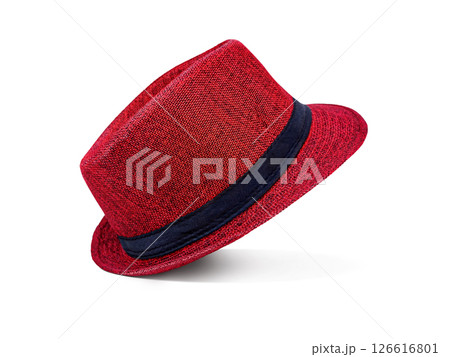 Red beach straw hat for men on white background. 126616801