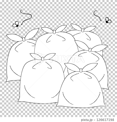 集めたゴミ袋に虫がたかる手書き風のシンプルなイラスト 126617198