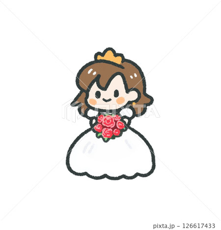 デフォルメタッチ、ウエディングドレスを着た女性のイラスト、アイコン、素材、ブライダル、背景なし 126617433