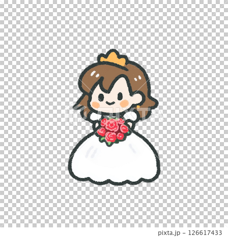 デフォルメタッチ、ウエディングドレスを着た女性のイラスト、アイコン、素材、ブライダル、背景なし 126617433