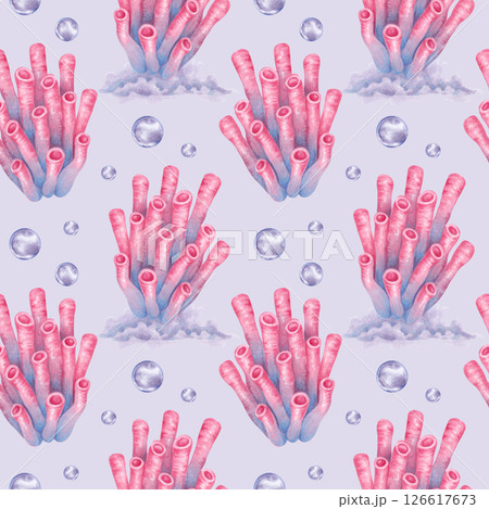 Seamless pattern of tube coral with water bubbles. Watercolor and marker illustrations. Ocean coral reefs, underwater animal of seabed. Hand drawn isolated art. Nautical design for fabric, textile Seamless pattern of tube coral with water bubbles. Watercolor and marker illustrations. Ocean coral reefs, underwater animal of seabed. Hand drawn isolated art. Nautical design for fabric, textile 126617673