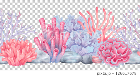 Colorful sea corals, seaweed with stones. Seamless coral reef border. Watercolor and marker illustrations. Hand drawn isolated art. Underwater seabed animal for kids room, shower, guidebook, banner Colorful sea corals, seaweed with stones. Seamless coral reef border. Watercolor and marker illustrations. Hand drawn isolated art. Underwater seabed animal for kids room, shower, guidebook, banner 126617679