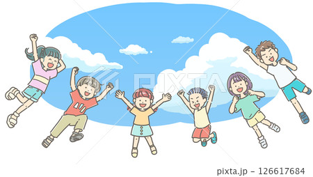 青空を背景にジャンプする子供たちのイラスト 126617684