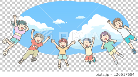 孩子們在藍天背景下跳躍的插圖 126617684