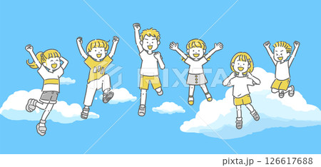 青空を背景にジャンプする子供たちのイラスト 青空を背景にジャンプする子供たちのイラスト 126617688