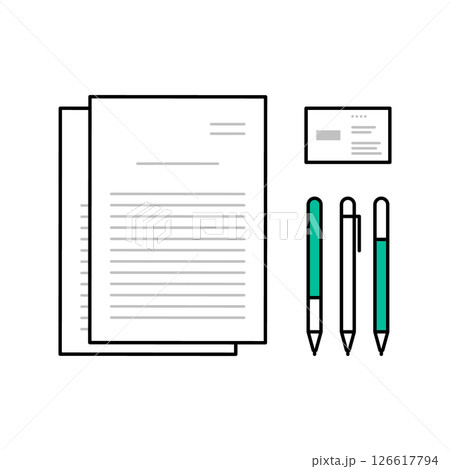 書類、ペン、名刺等の文房具イメージベクターイラスト 126617794