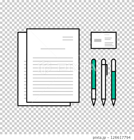 文件、鋼筆和名片等文具圖像的向量插圖 文件、鋼筆和名片等文具圖像的向量插圖 126617794