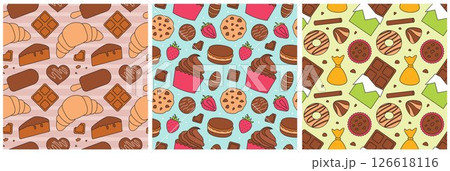 Chocolate Dessert Seamless Pattern Illustration with Melted Sweets and Cakes in Flat Cartoon Style Chocolate Dessert Seamless Pattern Illustration with Melted Sweets and Cakes in Flat Cartoon Style 126618116