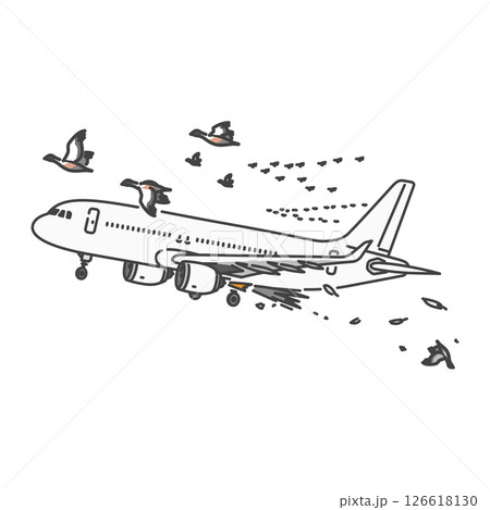 イラスト素材:航空事故・バードストライク！！国内線旅客機と渡り鳥の衝突 126618130