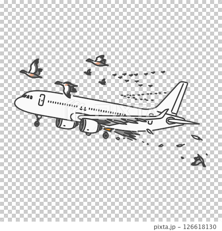 イラスト素材:航空事故・バードストライク！！国内線旅客機と渡り鳥の衝突 126618130