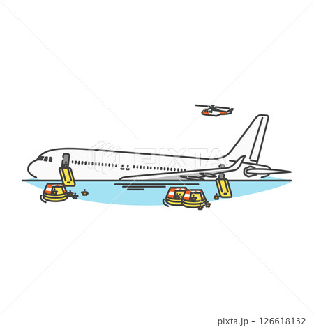 イラスト素材:国内線旅客機が海に不時着・脱出スライドで非常脱出・墜落事故 イラスト素材:国内線旅客機が海に不時着・脱出スライドで非常脱出・墜落事故 126618132