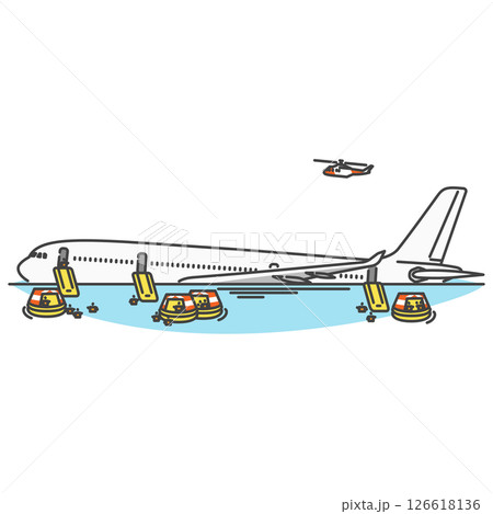 イラスト素材:国際線旅客機が海に不時着・脱出スライドで非常脱出・墜落事故 イラスト素材:国際線旅客機が海に不時着・脱出スライドで非常脱出・墜落事故 126618136