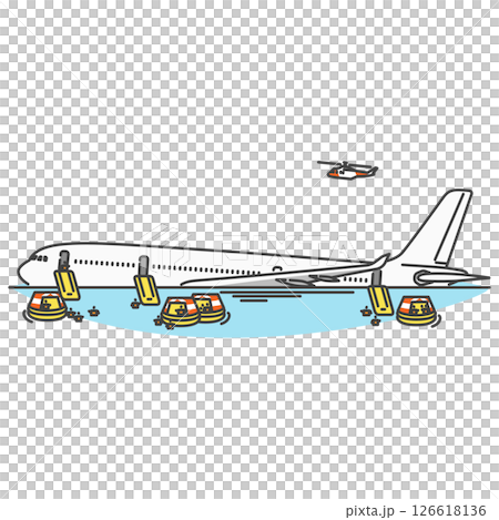イラスト素材:国際線旅客機が海に不時着・脱出スライドで非常脱出・墜落事故 イラスト素材:国際線旅客機が海に不時着・脱出スライドで非常脱出・墜落事故 126618136
