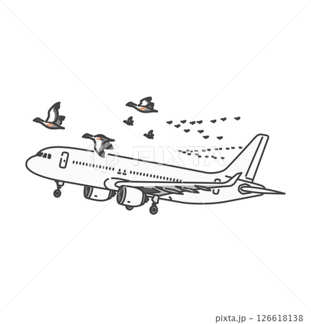 イラスト素材:航空安全・国内線旅客機と渡り鳥の群れ(バードストライクの危険性) イラスト素材:航空安全・国内線旅客機と渡り鳥の群れ(バードストライクの危険性) 126618138
