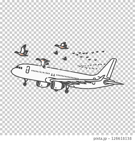 イラスト素材:航空安全・国内線旅客機と渡り鳥の群れ(バードストライクの危険性) イラスト素材:航空安全・国内線旅客機と渡り鳥の群れ(バードストライクの危険性) 126618138