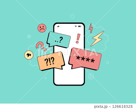 Cyberbullying awareness concept with digital harassment prevention, online abuse reporting. Internet safety concerns, social media harmful content. Isolated flat design vector illustration 126618328