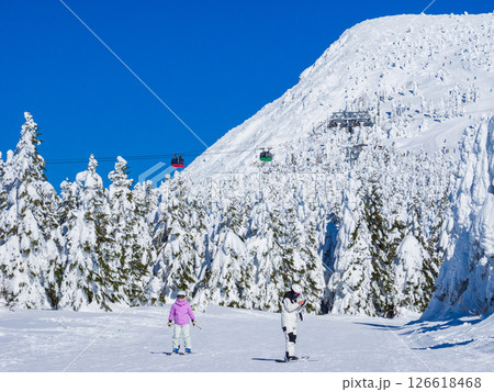樹氷原の緩斜面から三宝荒神山を望む (山形県、蔵王温泉スキー場、樹氷原コース) 126618468
