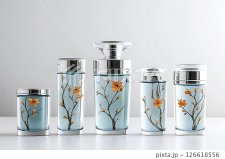 Five bottles of perfume with floral designs on them Five bottles of perfume with floral designs on them 126618556
