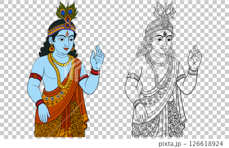 A detailed illustration of a Hindu deity in traditional attire, featuring both colored and black-and-white versions, showcasing intricate design and cultural heritage for art collections 126618924