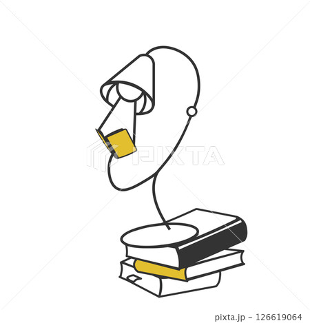 積まれた本の上で読書をする電気スタンドの線画イラスト 積まれた本の上で読書をする電気スタンドの線画イラスト 126619064
