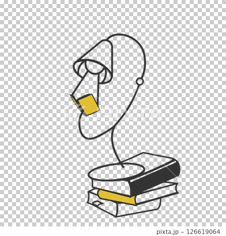 用於在一堆書上閱讀的檯燈的線條繪圖插圖 用於在一堆書上閱讀的檯燈的線條繪圖插圖 126619064