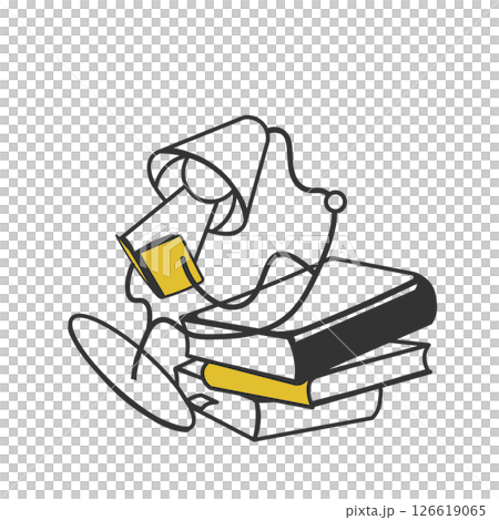 Line drawing illustration of a desk lamp with a person sitting on top of a pile of books and reading Line drawing illustration of a desk lamp with a person sitting on top of a pile of books and reading 126619065